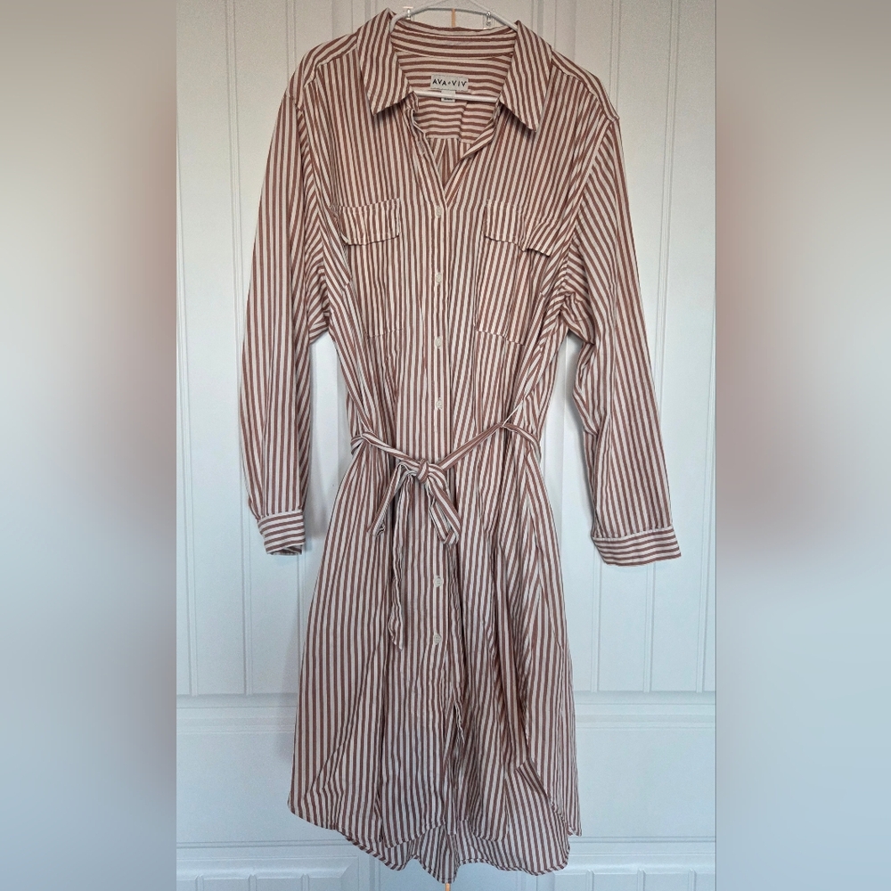Tan Striped Long Sleeve Dress